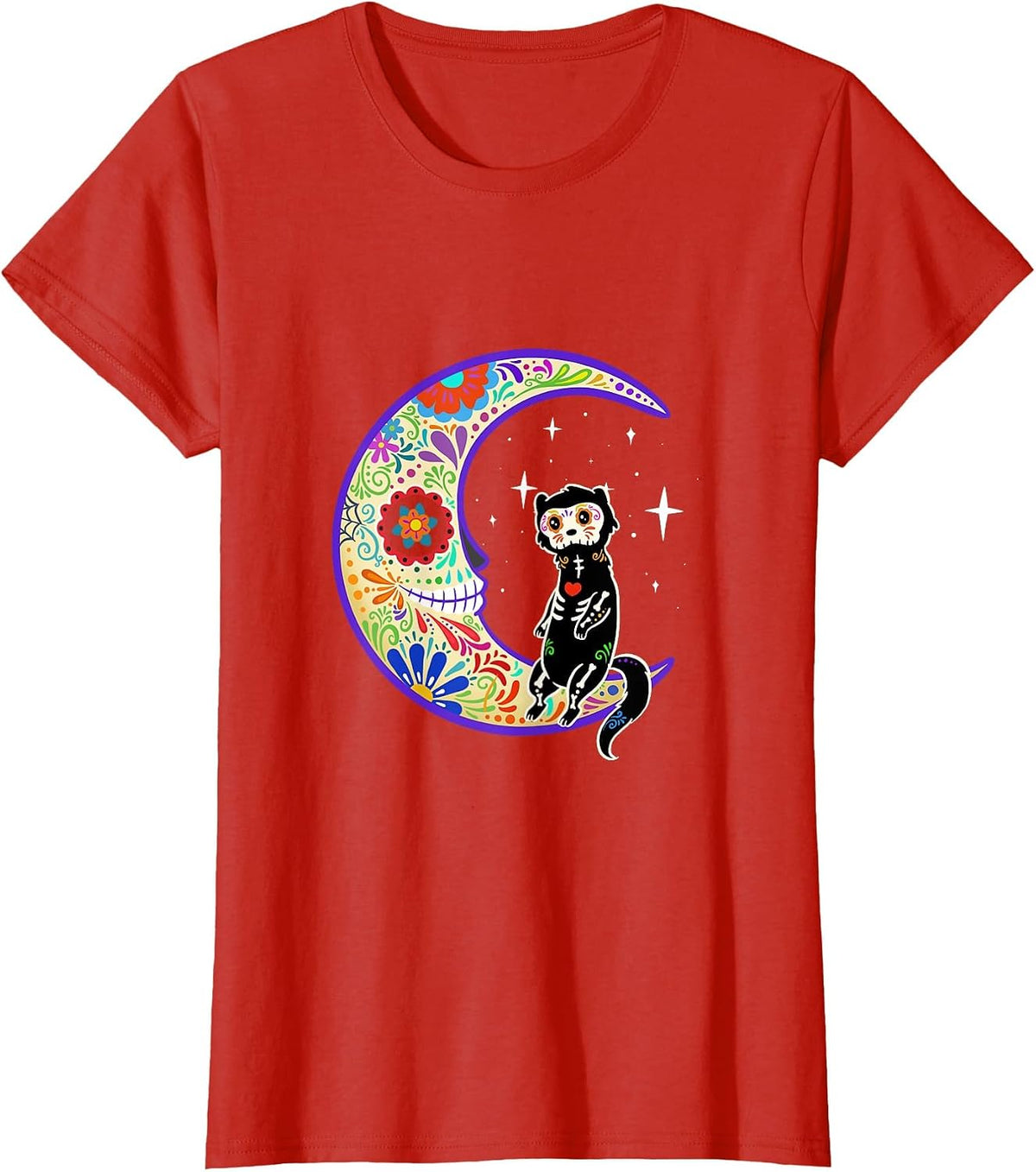 Ferret Dia de Los Muertos Skeleton Sugar Skull T-Shirt - Red