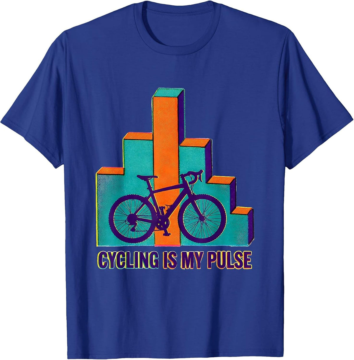 Cycling Is My Pulse Risograph Hobbyist Heartbeat Graphic T-Shirt - Royal Blue