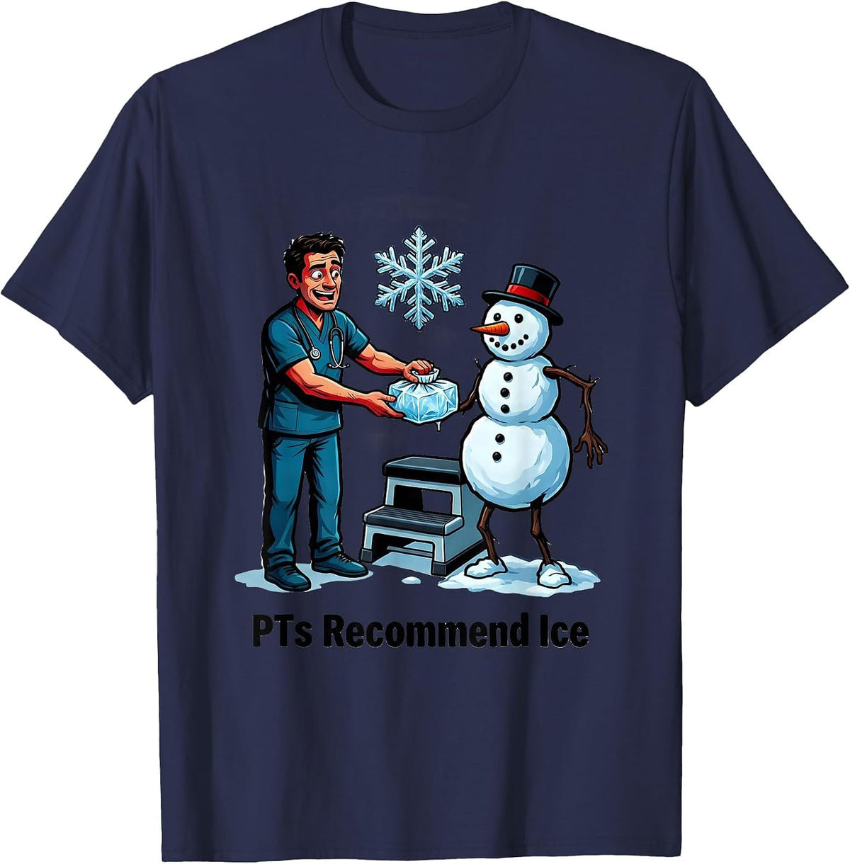 PTs Recommend Ice Cartoon Physical Therapist Holiday Humor T-Shirt - Navy Blue