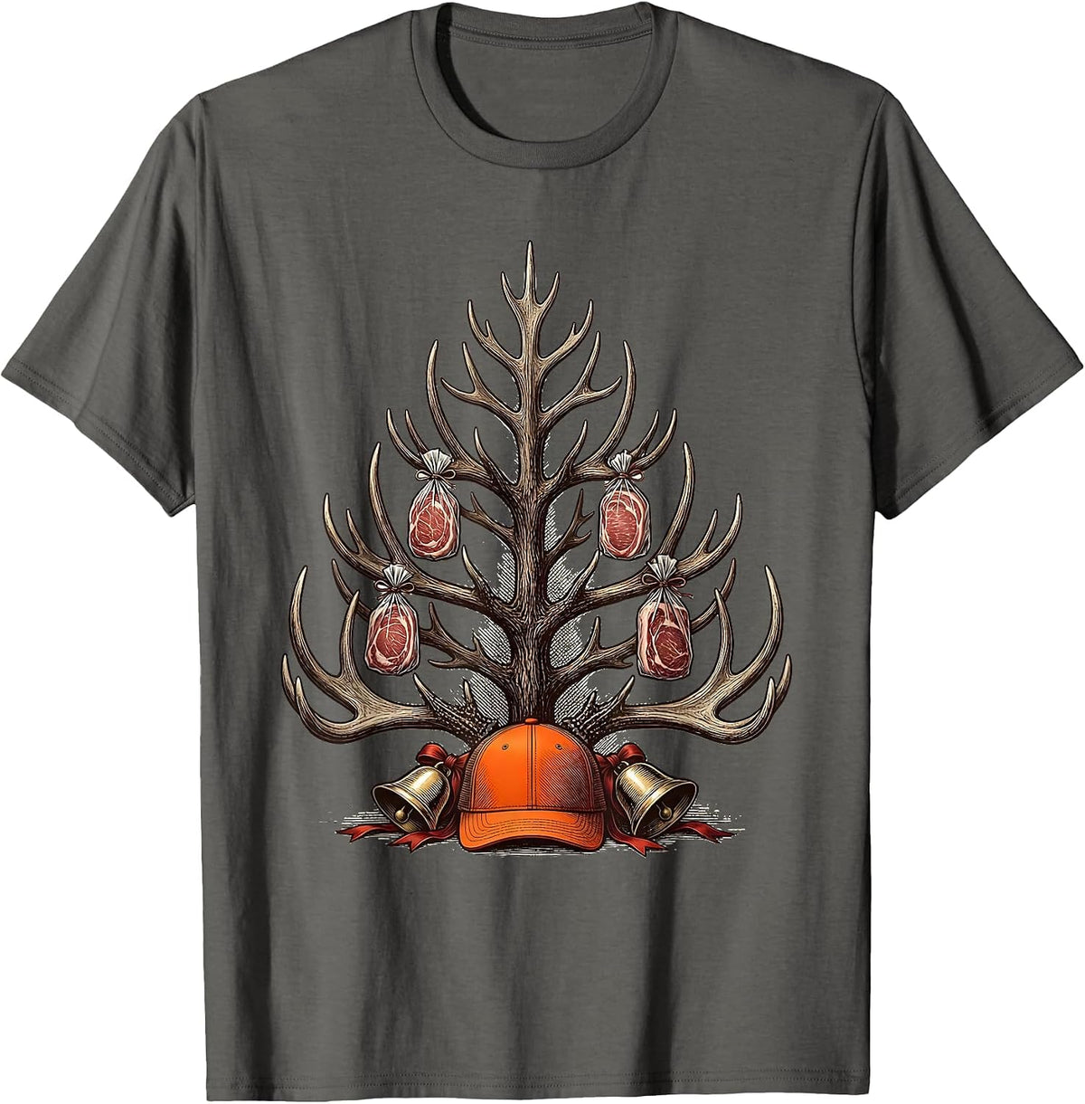 Antler Rack Christmas Tree Hunter Humor Gift T-Shirt - Asphalt Grey
