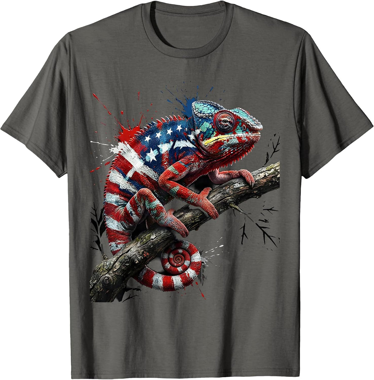 Chameleon Camouflage Leafy Branch Nature Art T-Shirt - Asphalt Grey