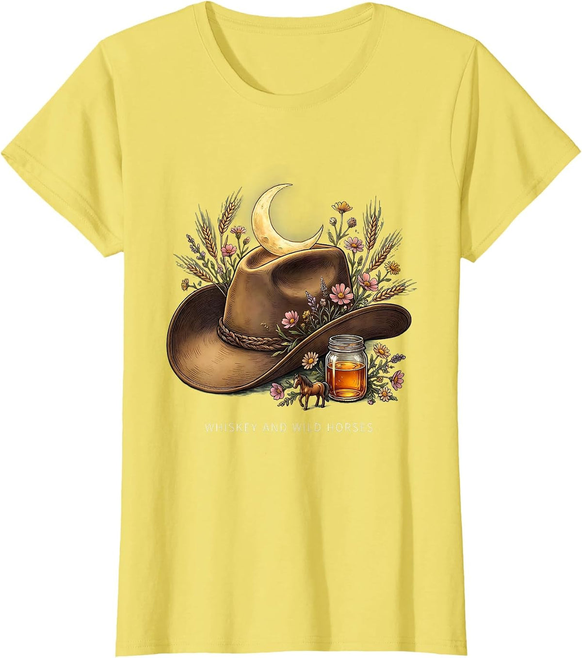 Women's Whiskey and Wild Horses Cowgirl Design T-Shirt - Lemon Yellow