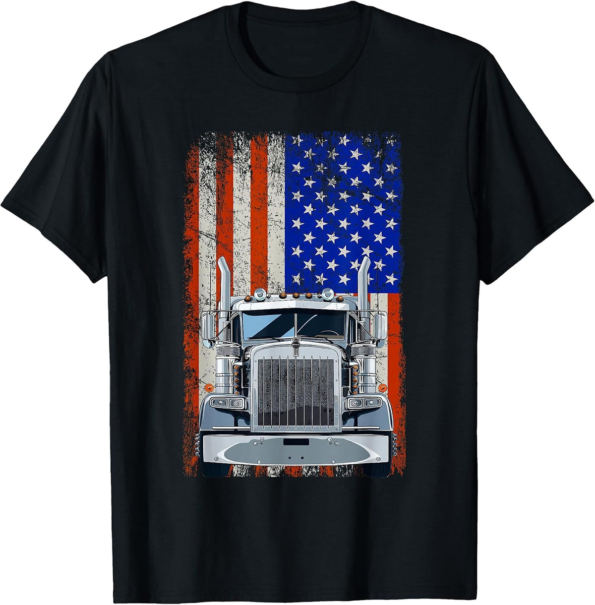 US American Flag Semi Truck Driver T-Shirt - Black