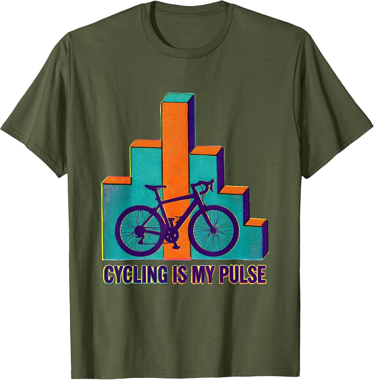 Cycling Is My Pulse Risograph Hobbyist Heartbeat Graphic T-Shirt - Olive Green