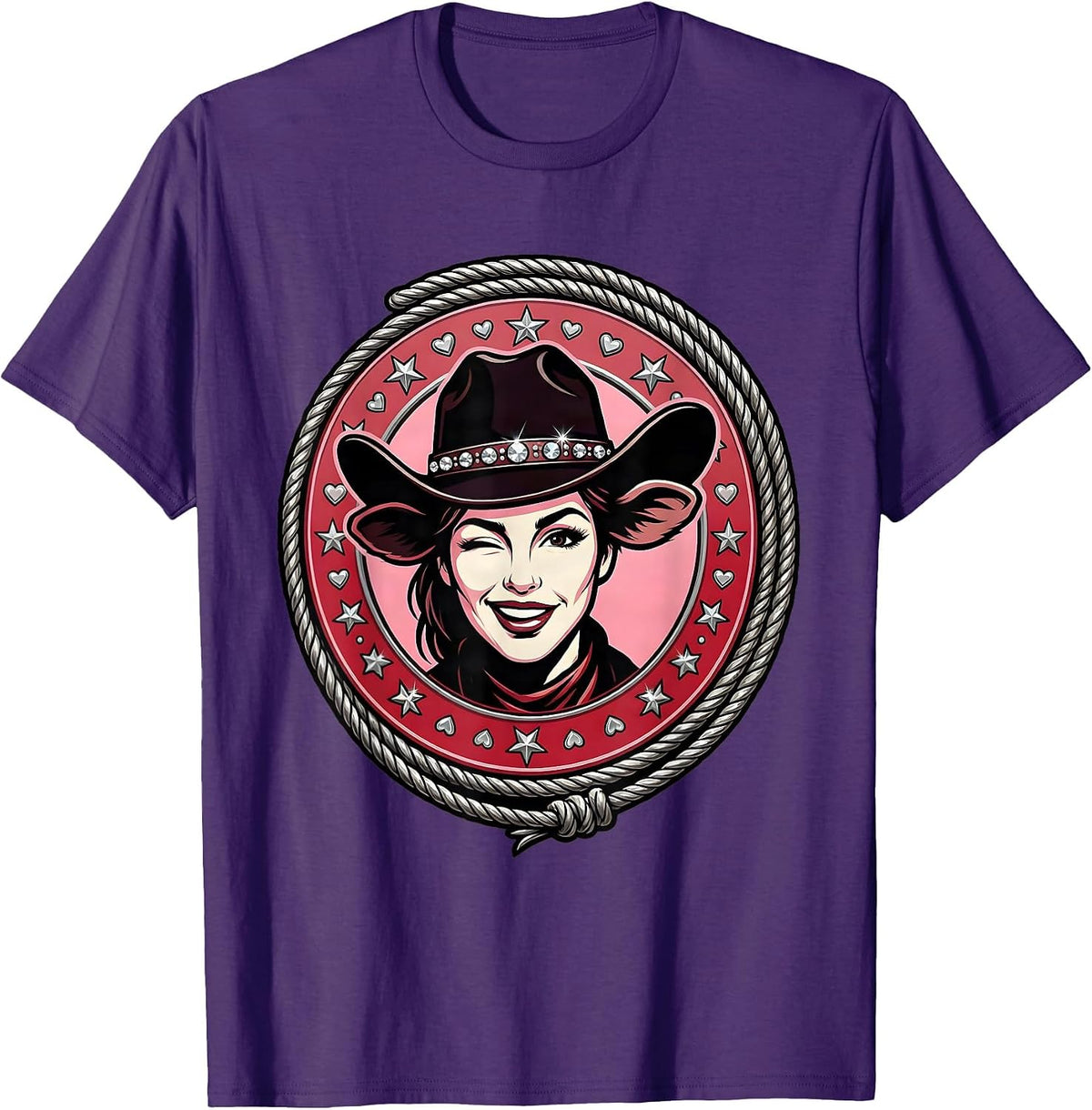 Winking Cowgirl Hat Tipped Graphic Design T-Shirt - Purple