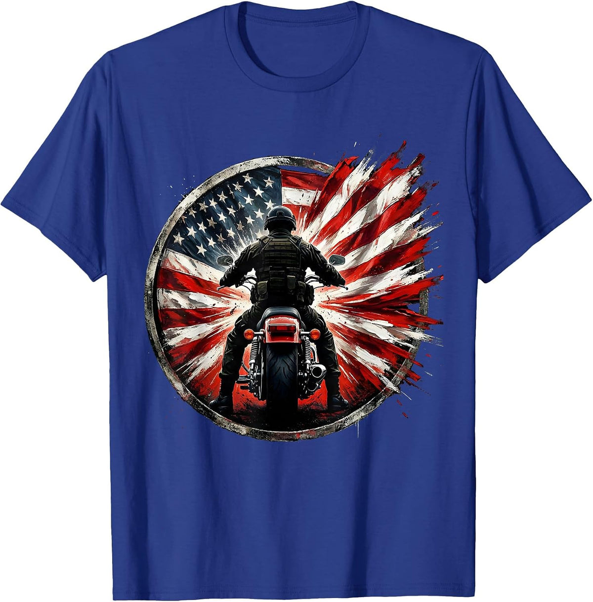 American Flag Motorcycle Rider Patriotic Graphic T-Shirt - Royal Blue