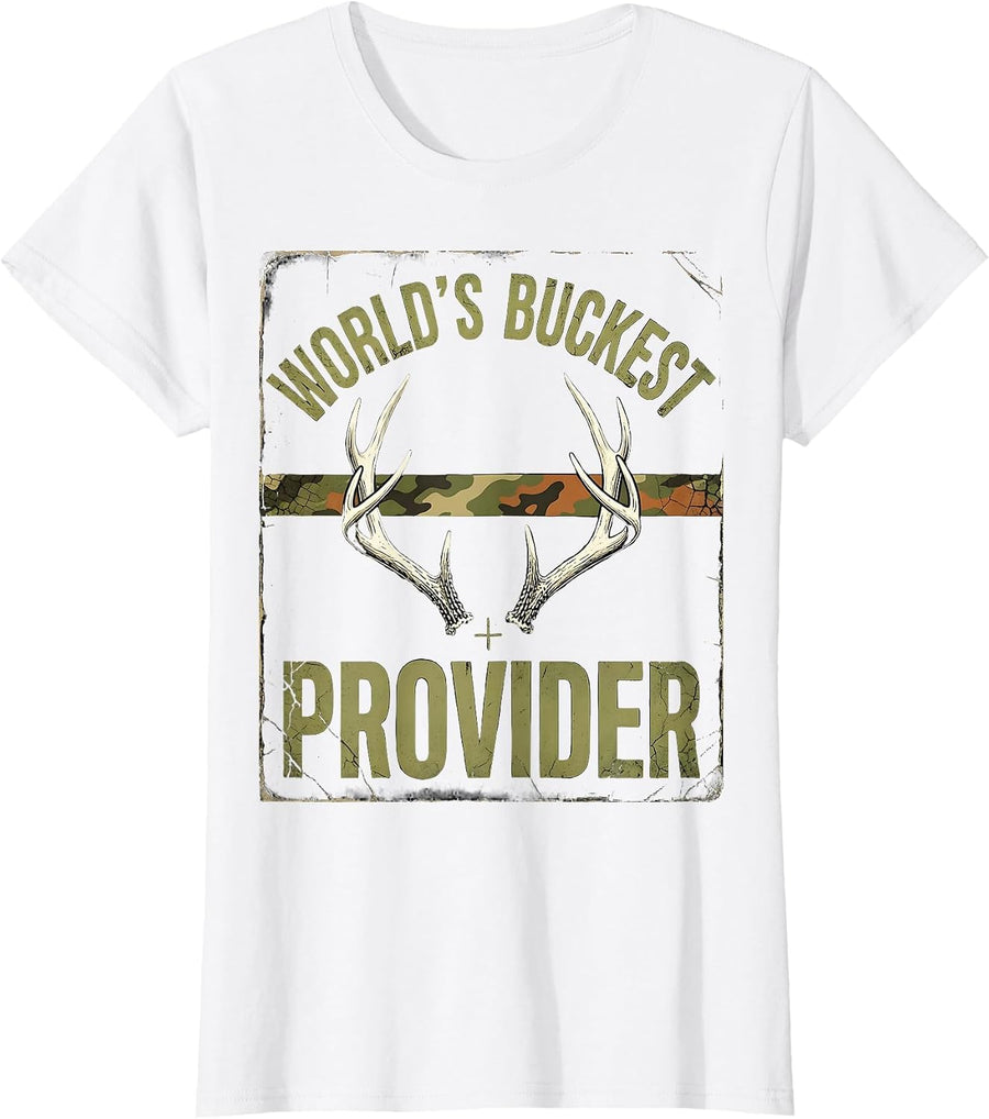 Women's World's Buckest Provider Distressed Deer Hunting Camo Dad T-Shirt - White