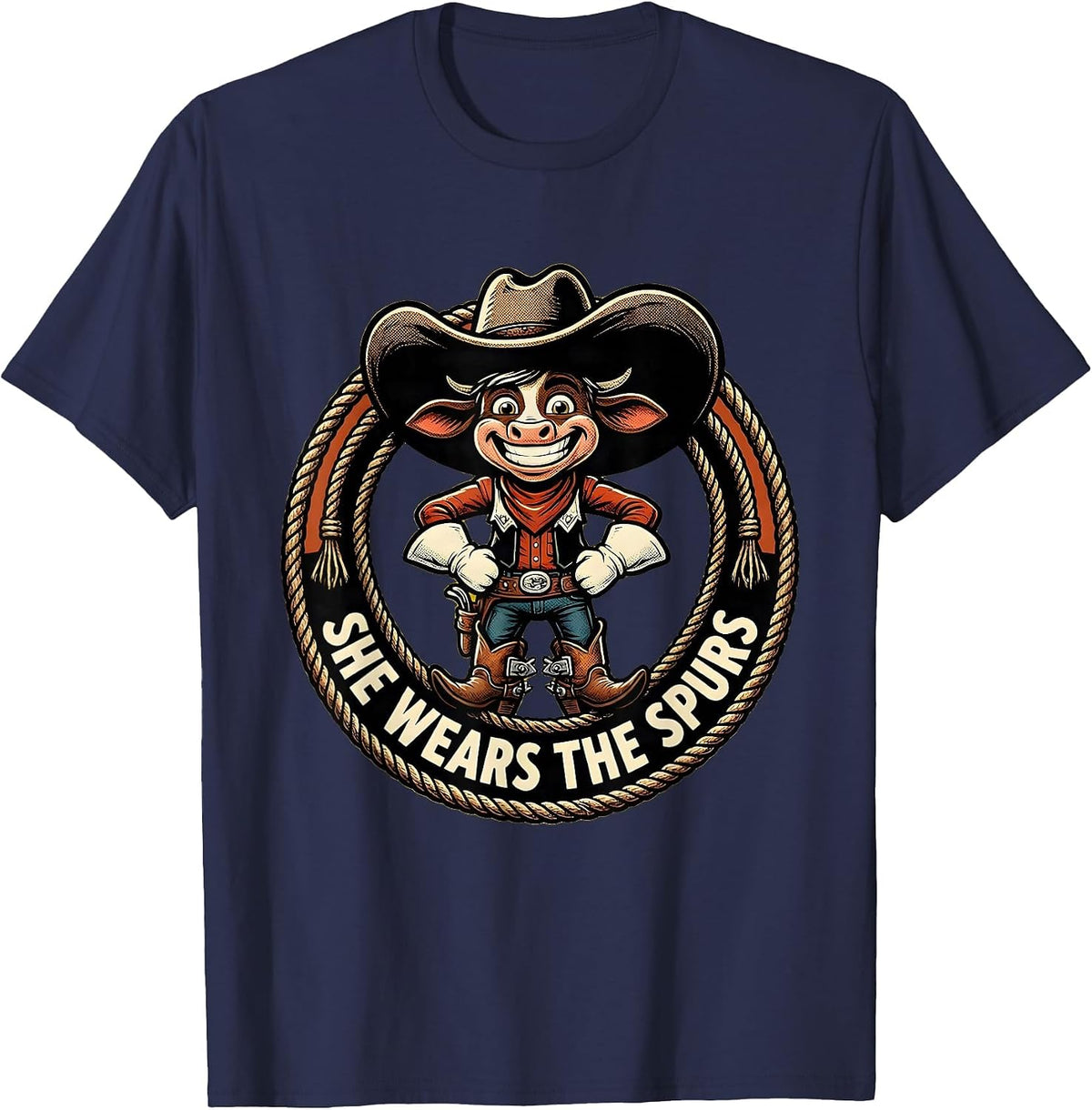 She Wears The Spurs Cowgirl Design T-Shirt - Navy Blue