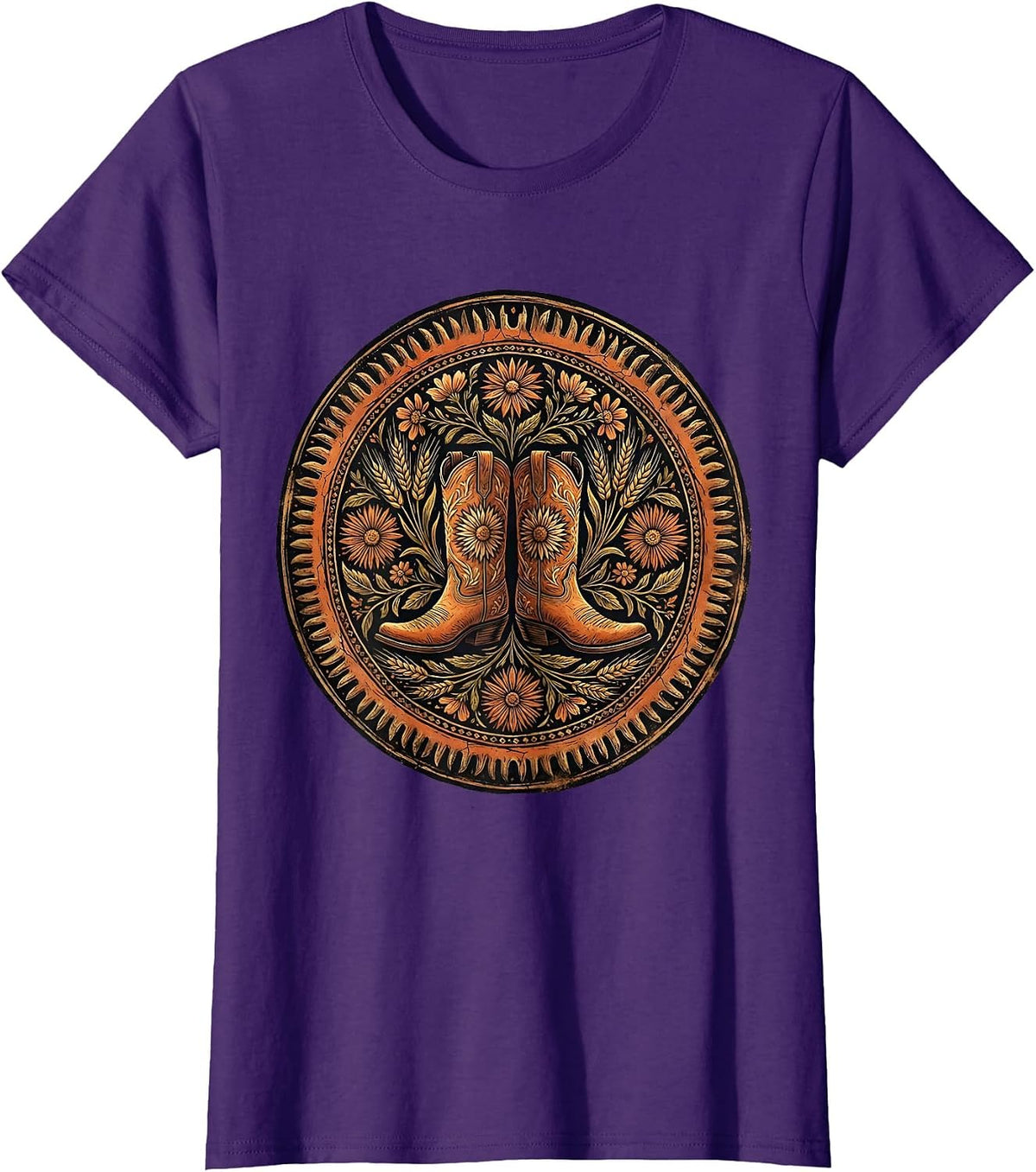 Women's Cowboy Boots with Spurs on Worn Wood Design T-Shirt - Purple
