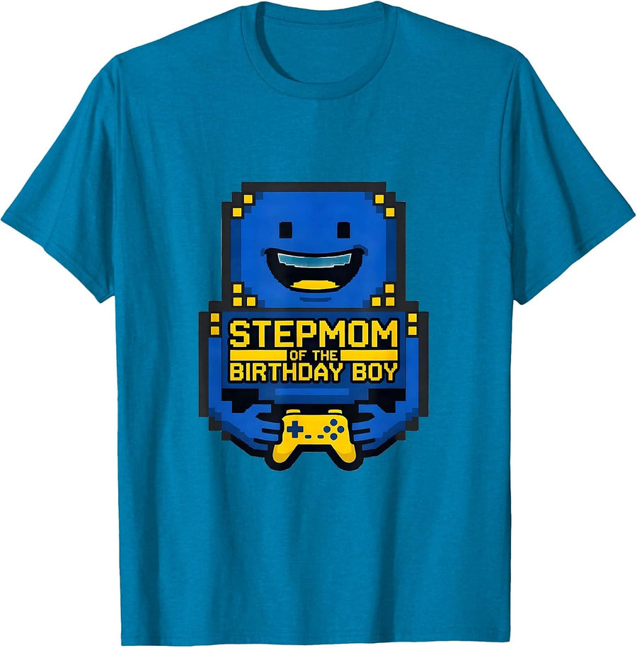 Stepmom Of The Birthday Boy Pixel Gamer Birthday Party Humor T-Shirt - Sapphire Blue