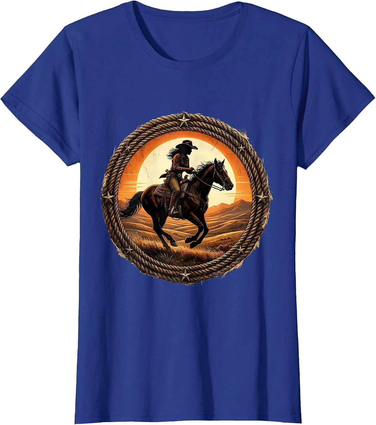 Women's Cowgirl Silhouette Riding Horse at Dusk T-Shirt - Royal Blue