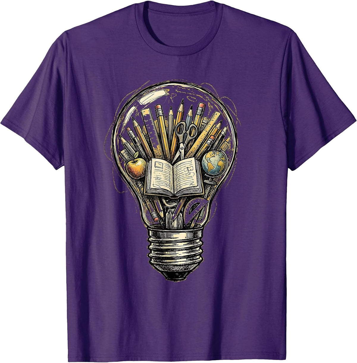 Teacher Lightbulb School Supplies Illustration T-Shirt - Purple