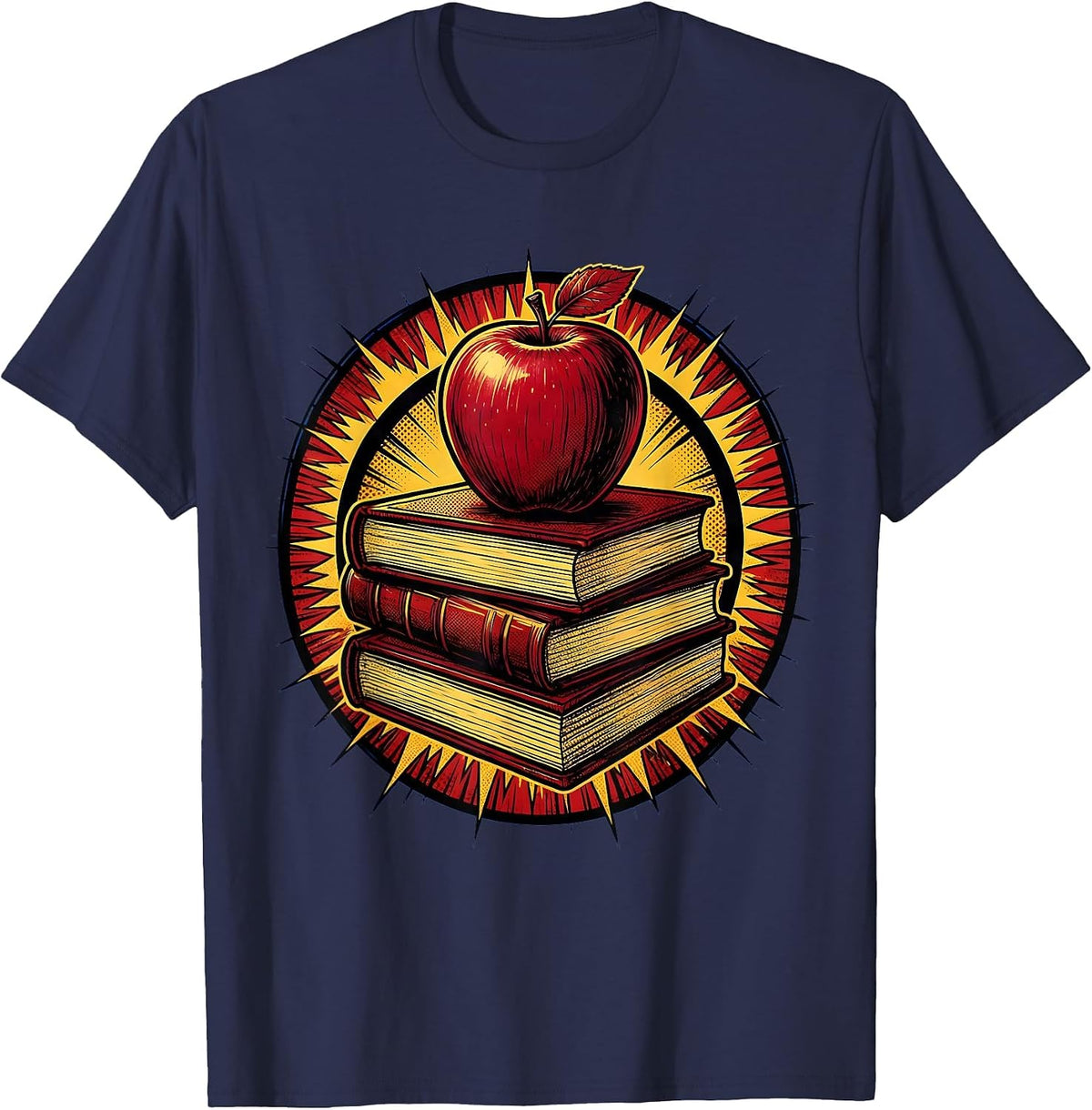 Middle School Teacher Stacked Books Apple Illustration T-Shirt - Navy Blue