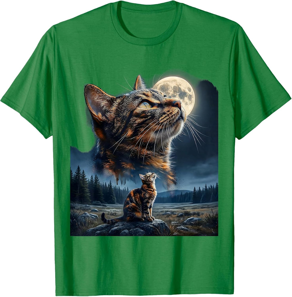 Men's Tortoiseshell Cat Howling at Moon 90's Retro T-Shirt - Kelly Green
