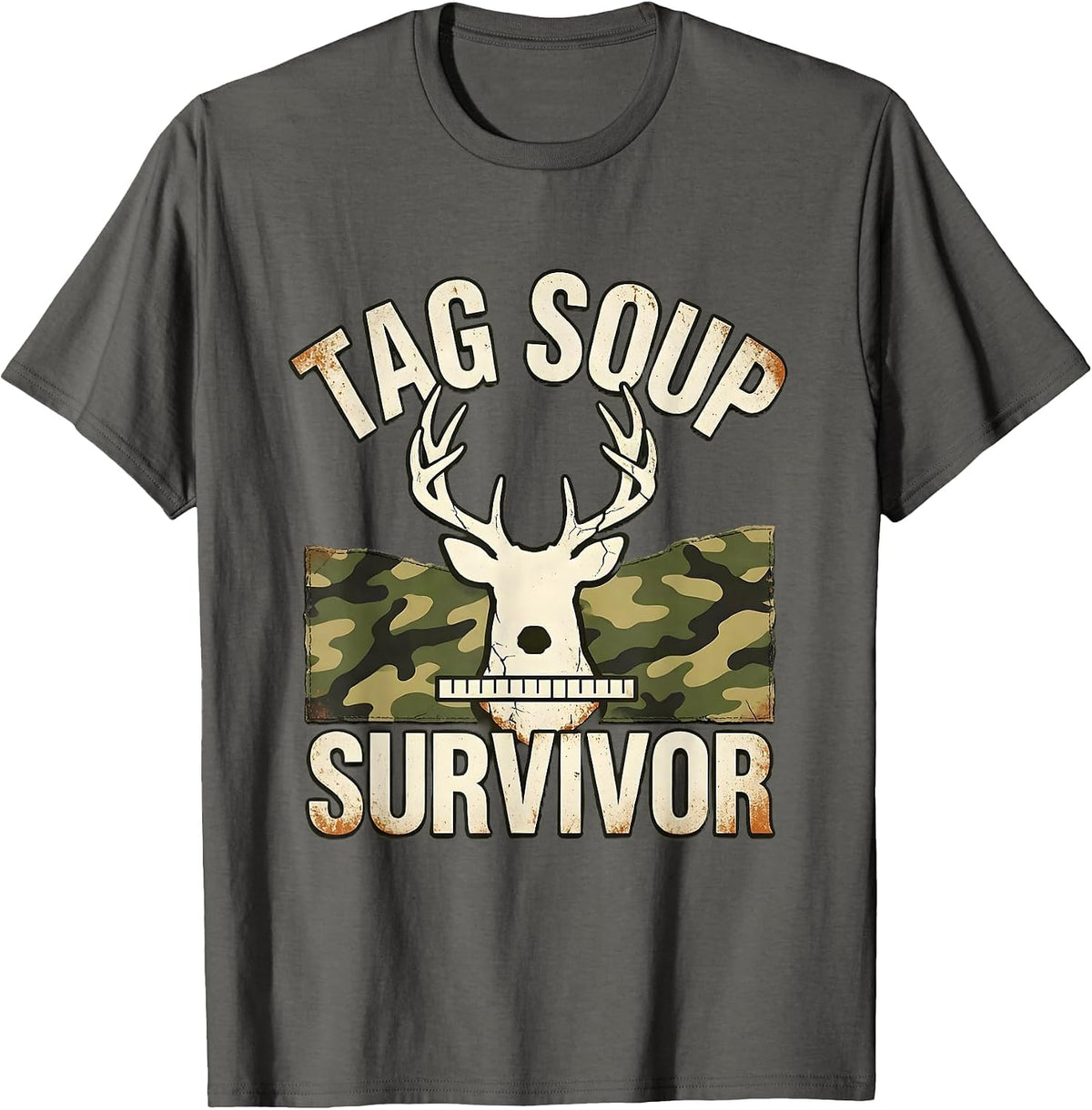 Men's TAG SOUP SURVIVOR Distressed Deer Hunting Camo Hunter Gift T-Shirt - Asphalt Grey