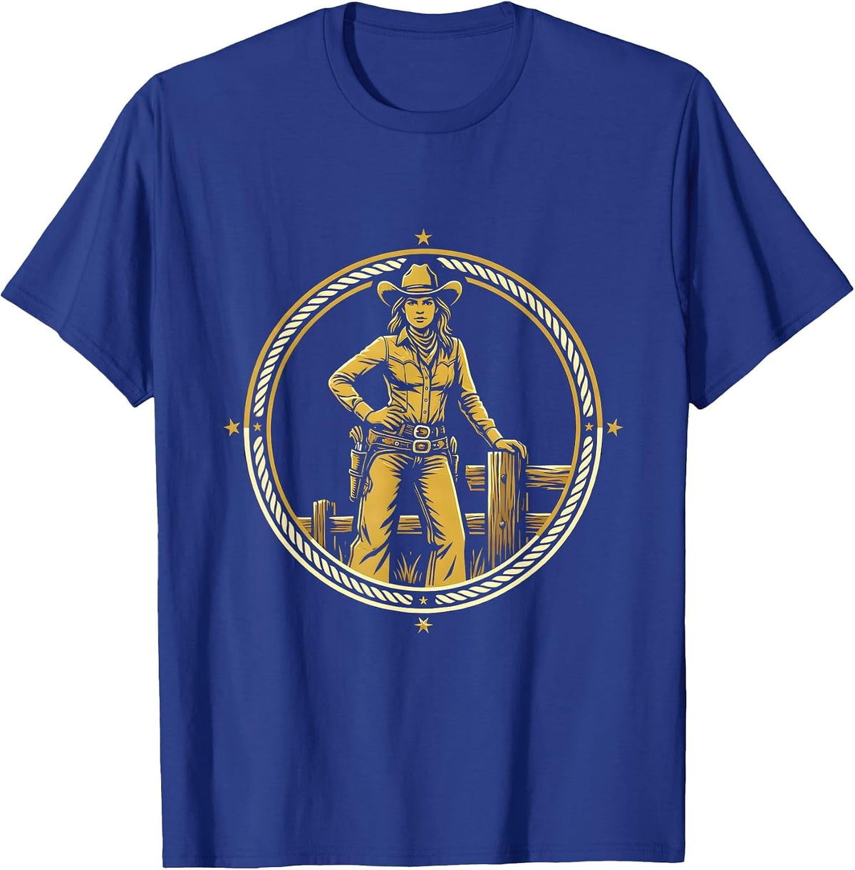 Sassy Cowgirl Leaning on Fence Post Graphic T-Shirt - Royal Blue