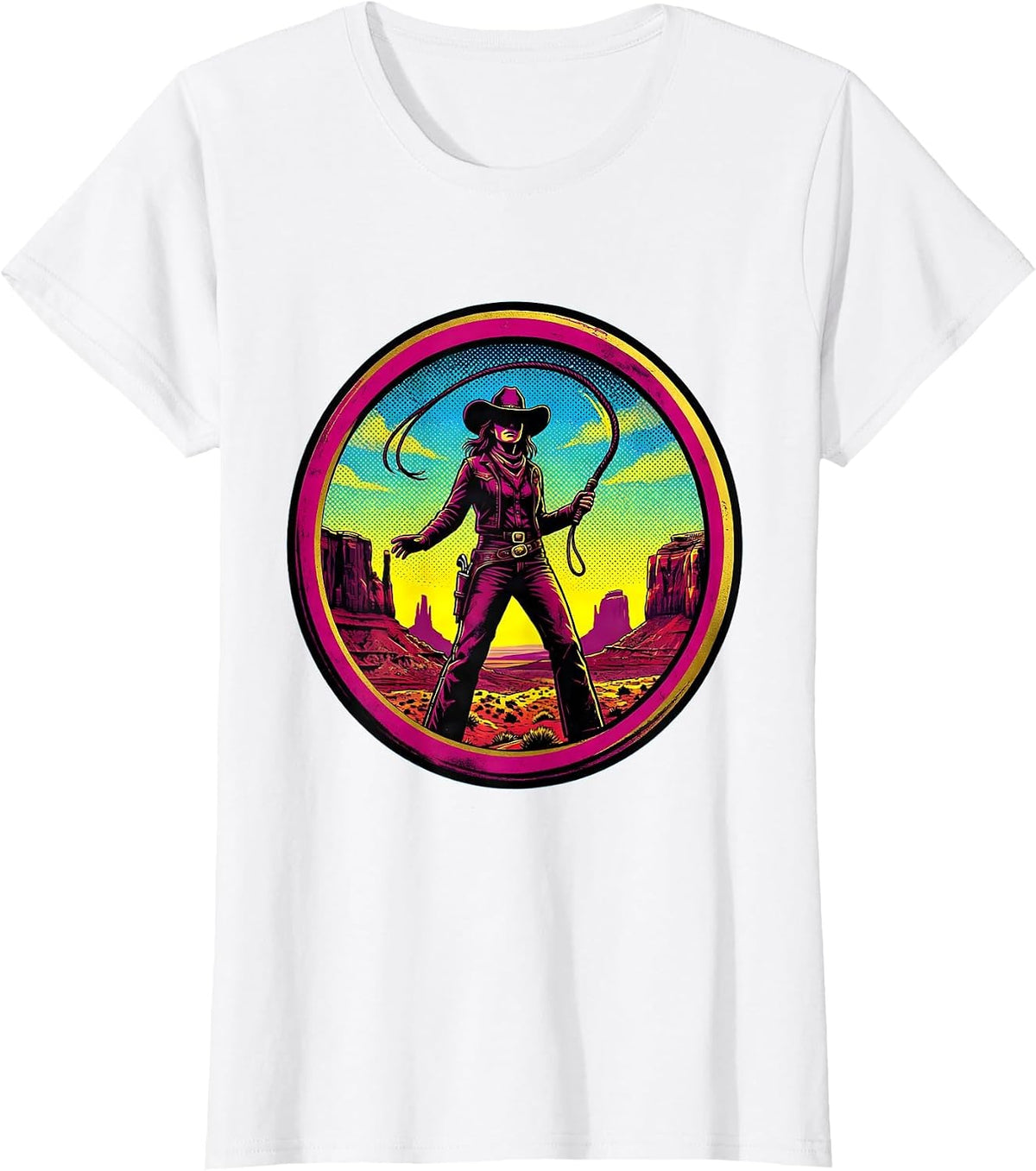 Cowgirl With Whip Wild Western Backdrop Design T-Shirt - White