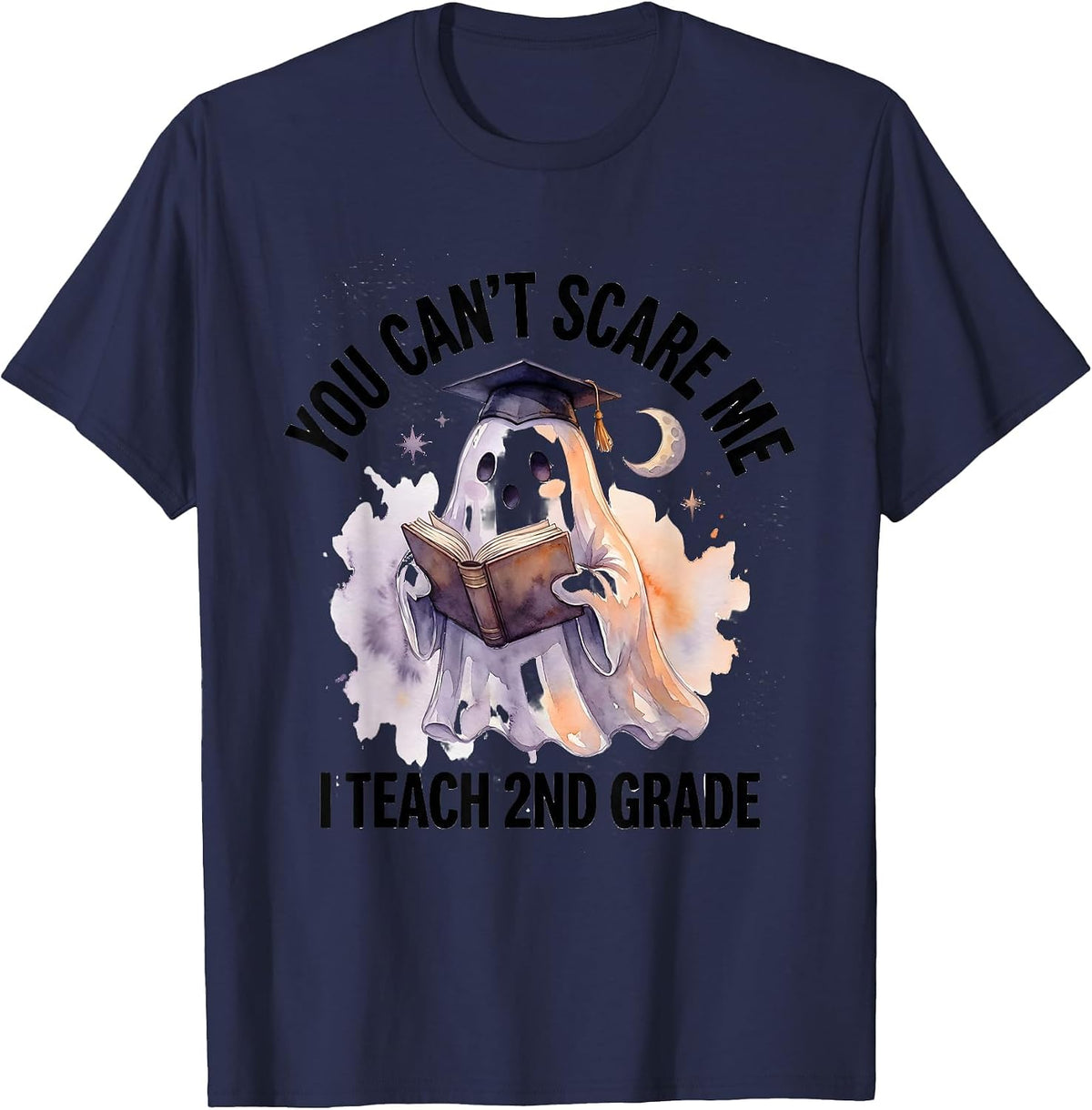 You Can't Scare Me I Teach 2nd Grade Groovy Ghost Teacher T-Shirt - Navy Blue