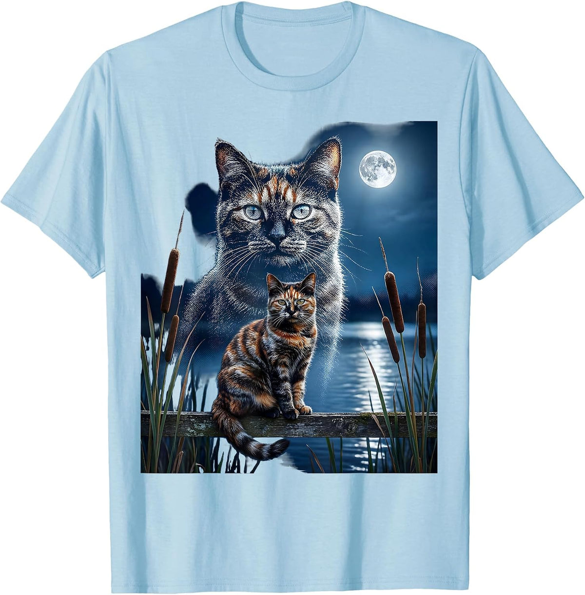 Men's Tortoiseshell Cat Moonlit 90s Retro Portrait T-Shirt - Baby Blue