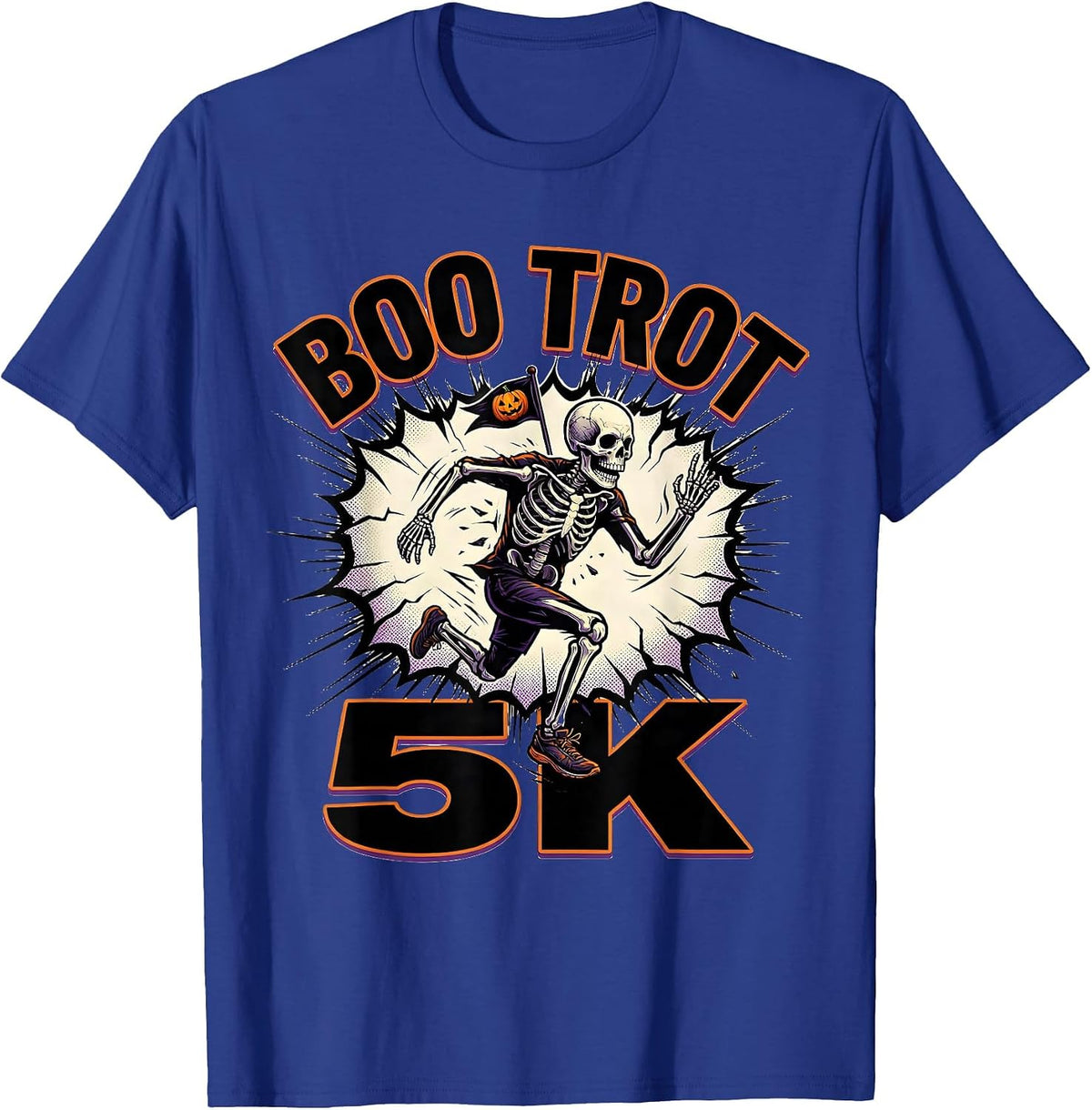 Men's Boo Trot 5K Comic Book Skeleton Runner Halloween Fun Run T-Shirt - Royal Blue