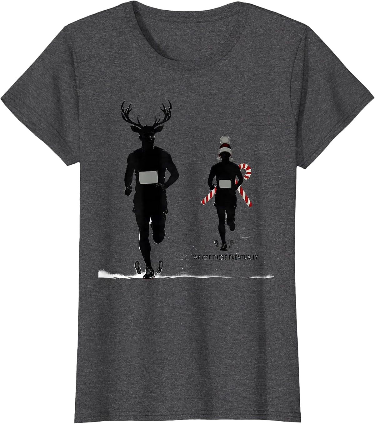 Women's We Get There Eventually Funny Christmas Run Runner Squad T-Shirt - Dark Heather Grey