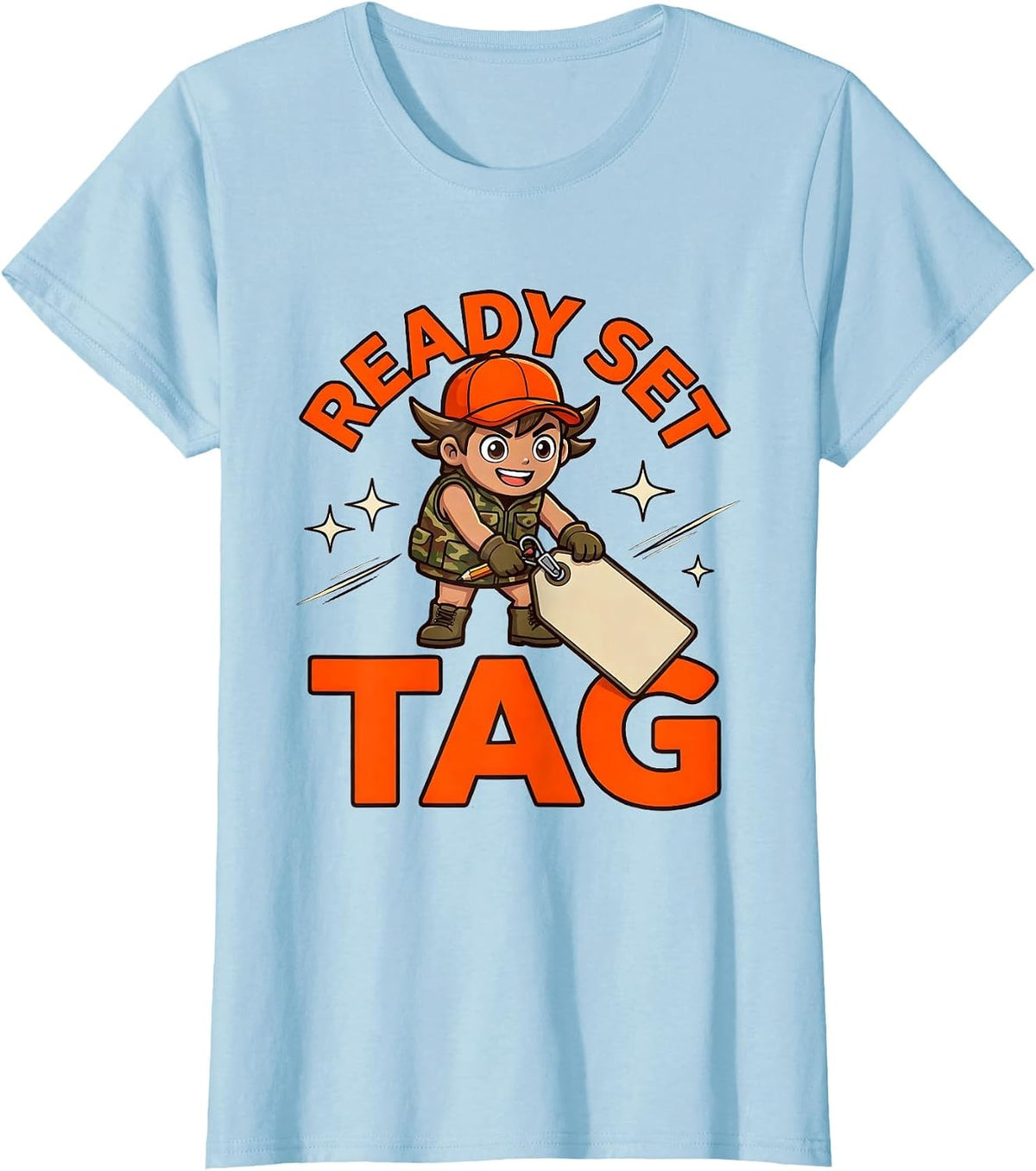 Women's READY SET TAG Funny Deer Duck Hunter Camp T-Shirt - Baby Blue