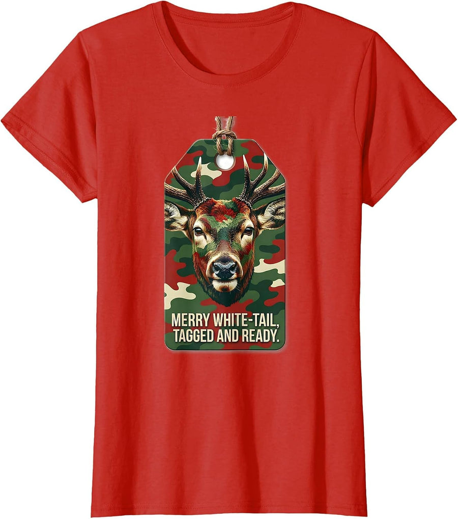 Women's Merry White-Tail Tagged And Ready Funny Hunting Christmas T-Shirt - Red