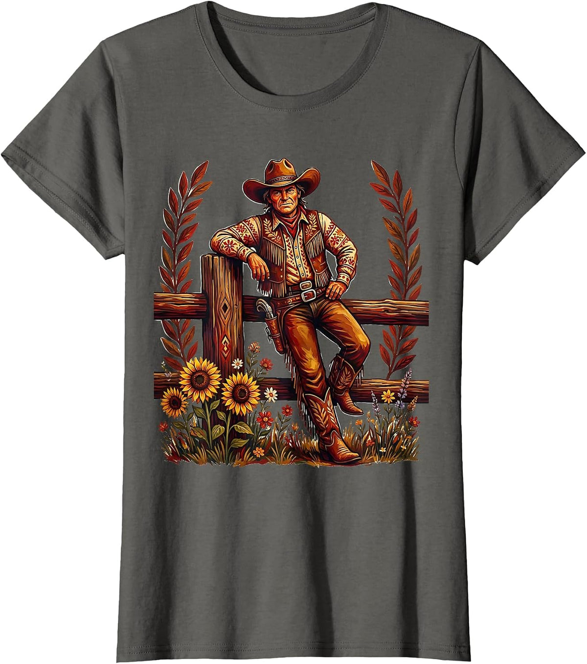 Women's Cowgirl Leaning on Fence Post Illustration T-Shirt - Asphalt Grey