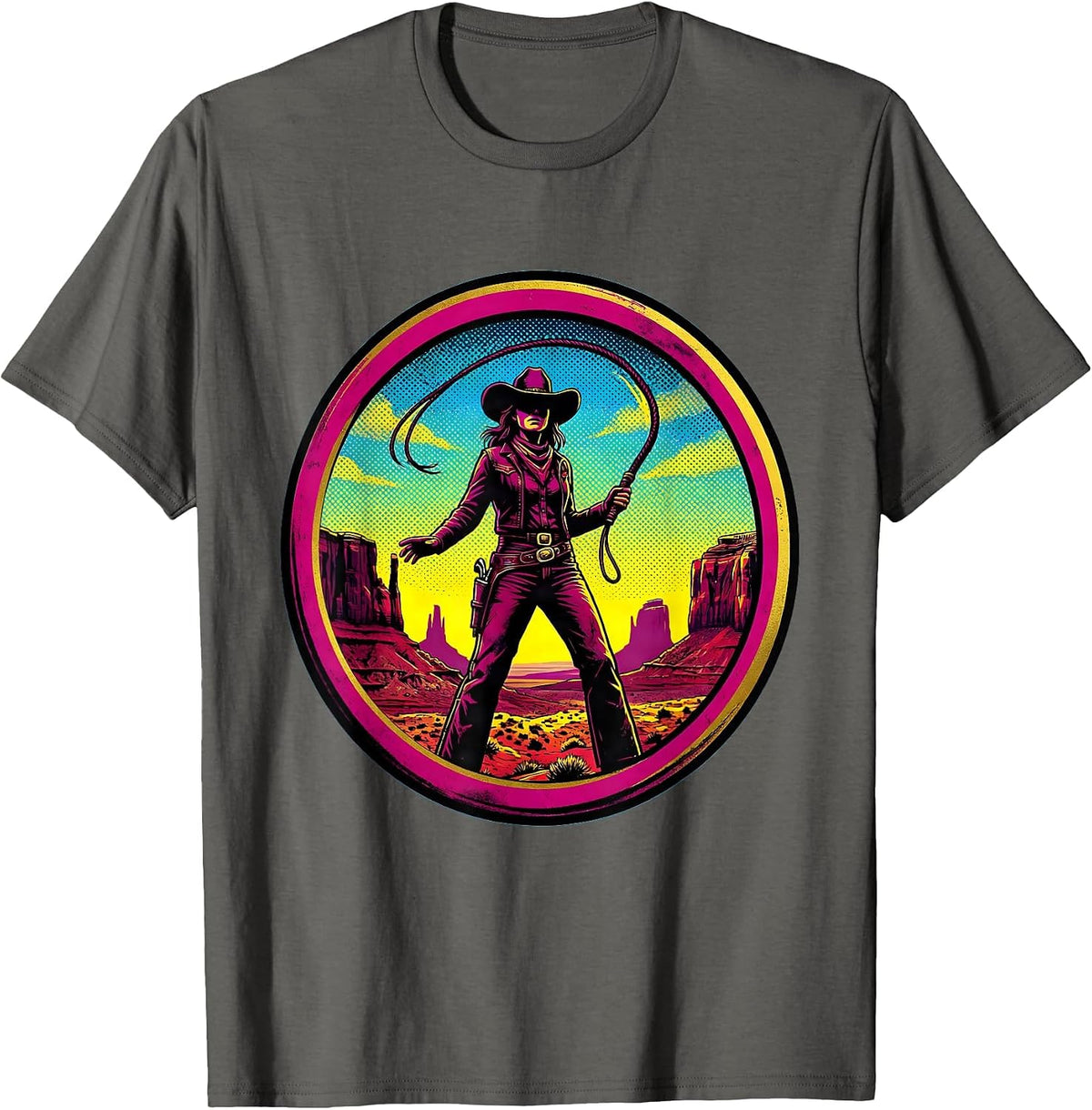 Cowgirl With Whip Wild Western Backdrop Design T-Shirt - Asphalt Grey