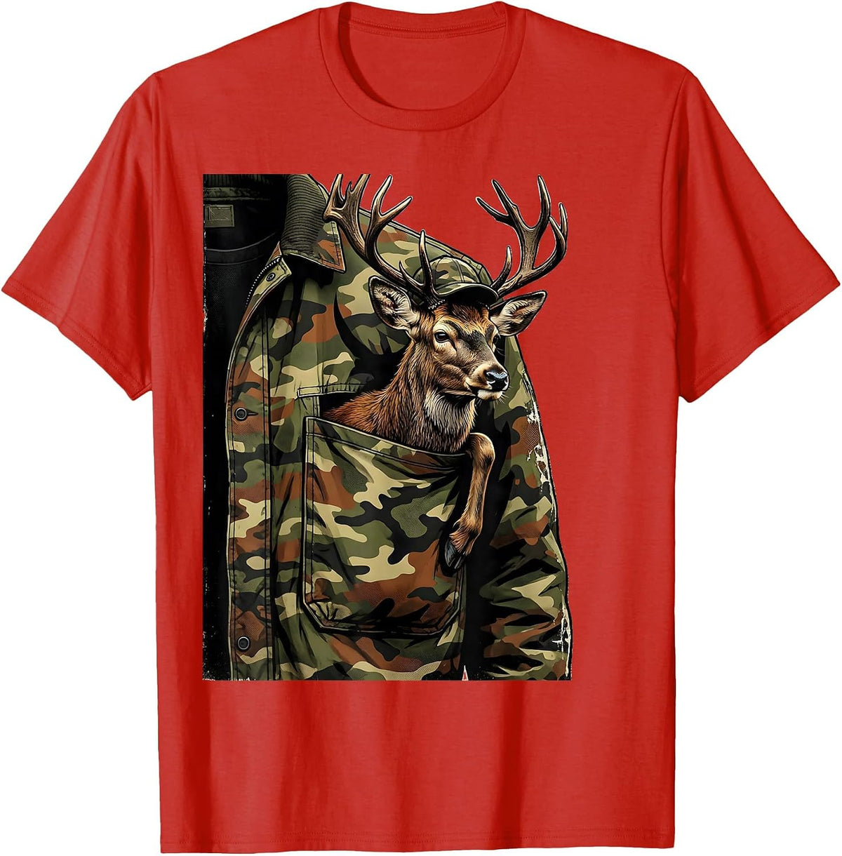 Men's Reclining Buck Distressed Camo Deer Hunting Gift T-Shirt - Red