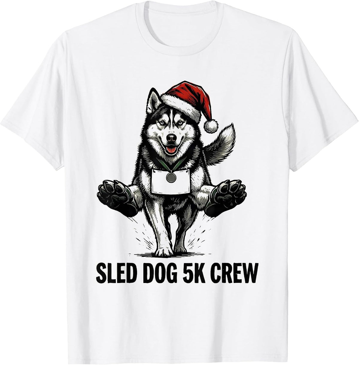 Men's Sled Dog 5K Crew Linocut Funny Christmas Run Runner Gift T-Shirt - White