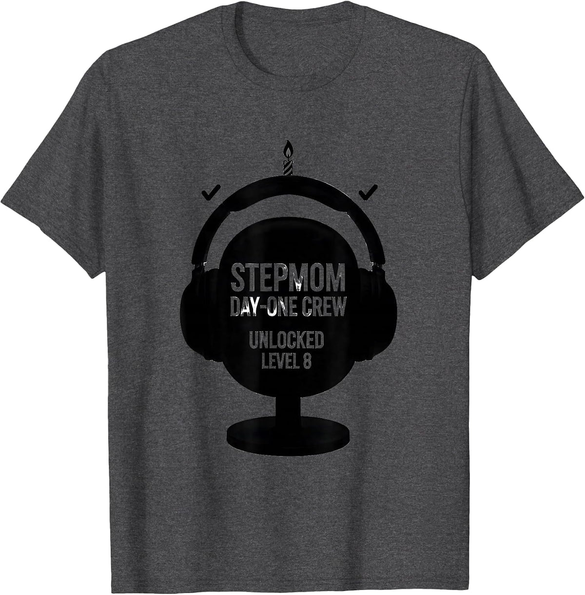 Stepmom Day-One Crew Unlocked Level 8 Video Game Birthday T-Shirt - Dark Heather Grey