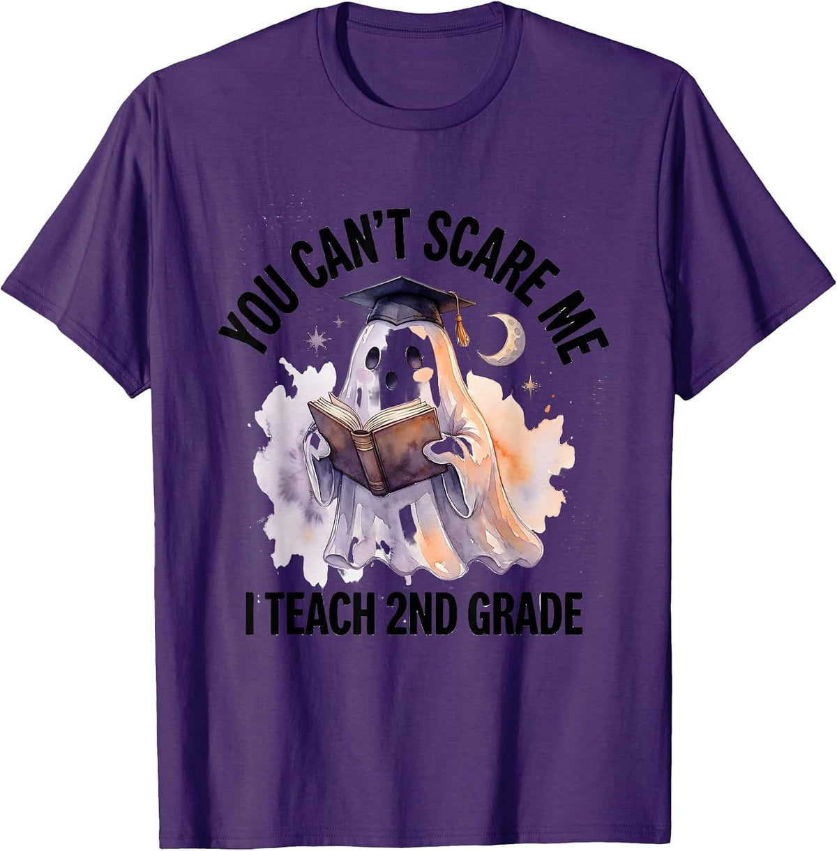 You Can't Scare Me I Teach 2nd Grade Groovy Ghost Teacher T-Shirt - Purple
