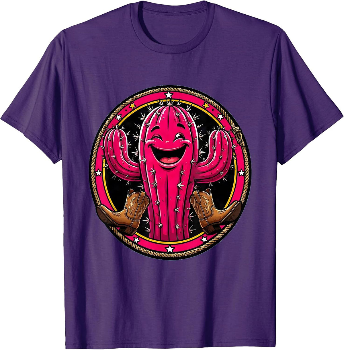 Pink Cactus Cowgirl Boots Western Desert Graphic T-Shirt - Purple