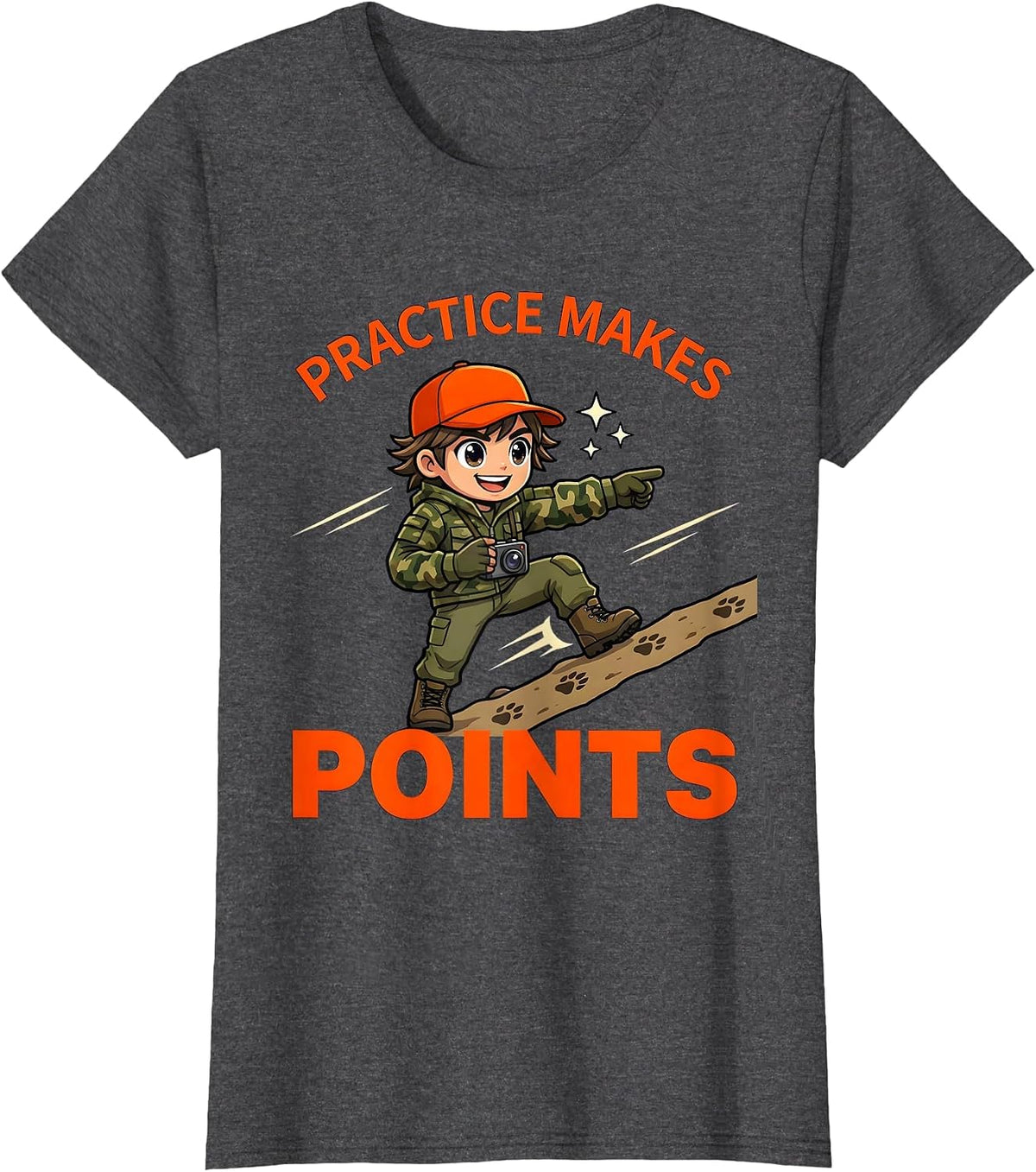 Women's PRACTICE MAKES POINTS Funny Deer Hunter Hunting Camp T-Shirt - Dark Heather Grey