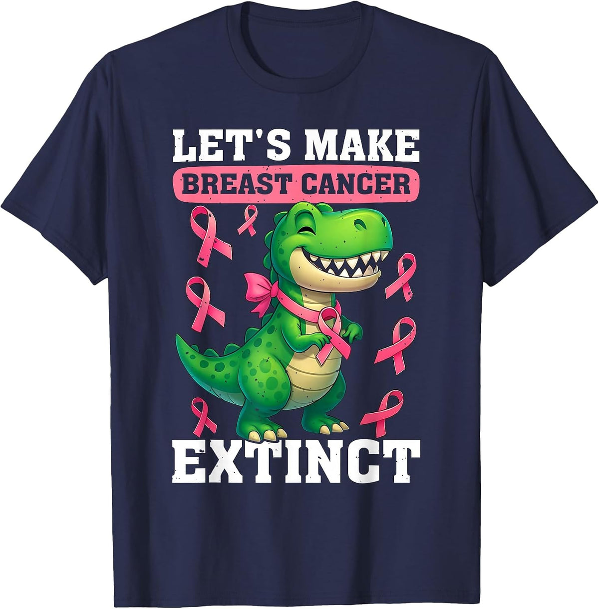 Lets Make Breast Cancer Extinct Pink Dinosaur Kids Boys Girl T-Shirt - Navy Blue