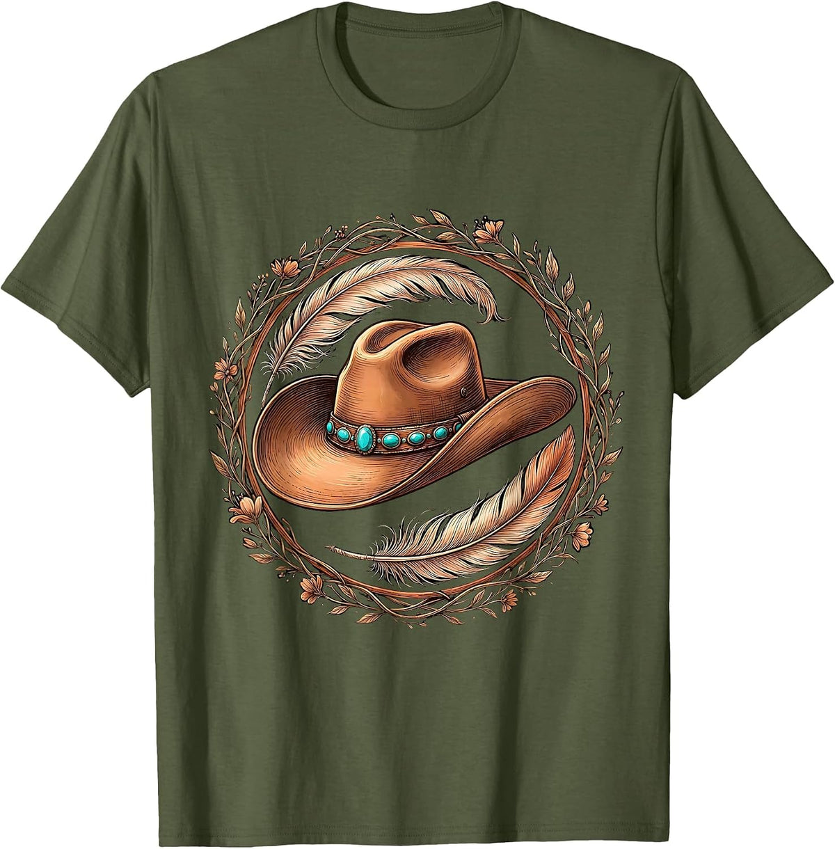 Men's Cowgirl Hat Feathers and Turquoise Gems Western T-Shirt - Olive Green