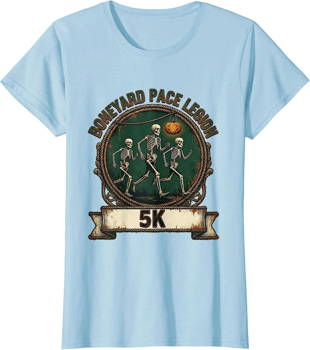Boneyard Pace Legion 5K Vintage Halloween Skeleton Runner 5K T-Shirt - Baby Blue