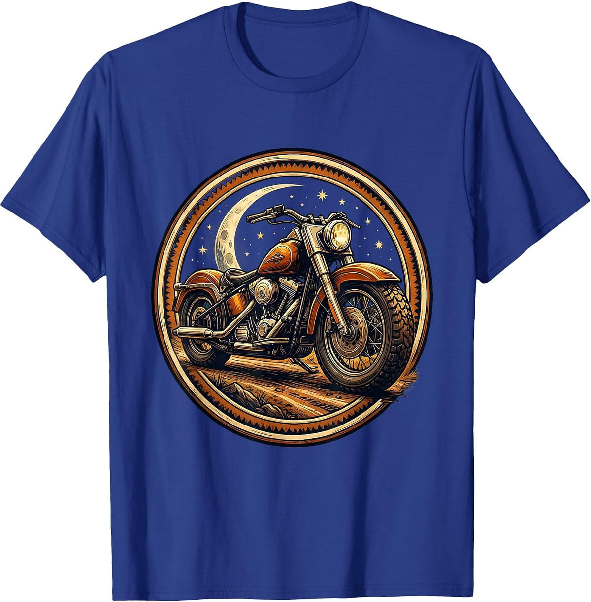 Vintage Bobber Motorcycle Starry Night Graphic T-Shirt - Royal Blue