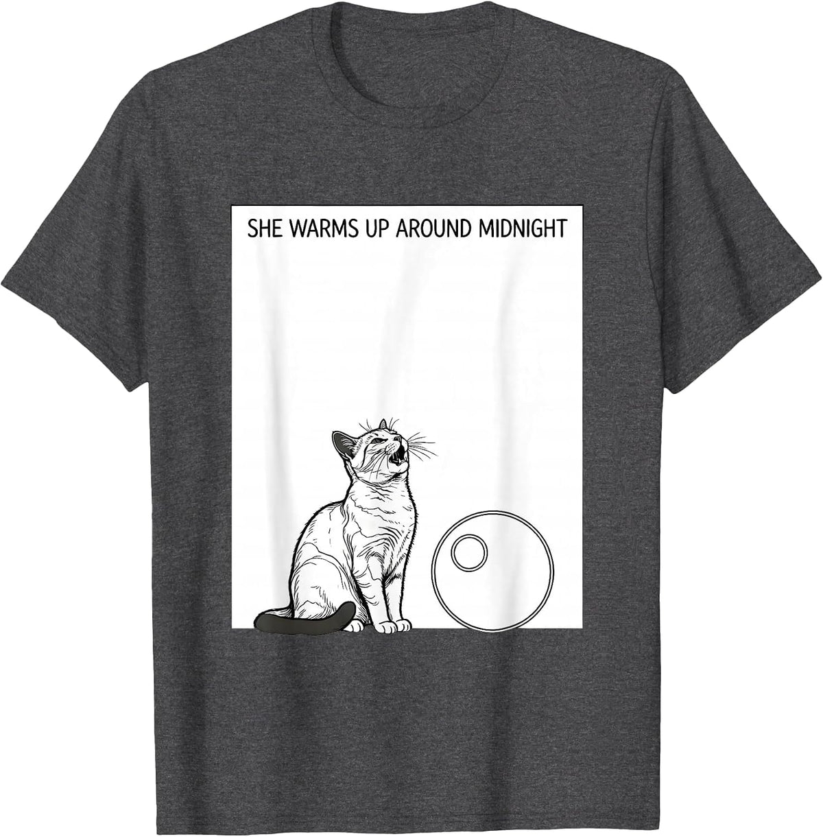 She Warms Up Around Midnight Line Art Cat Howling at Moon T-Shirt - Dark Heather Grey