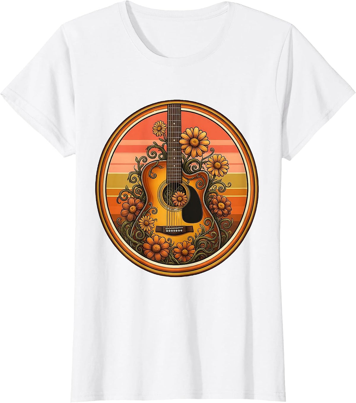 Acoustic Guitar Floral Vine Bloom Illustration T-Shirt - White