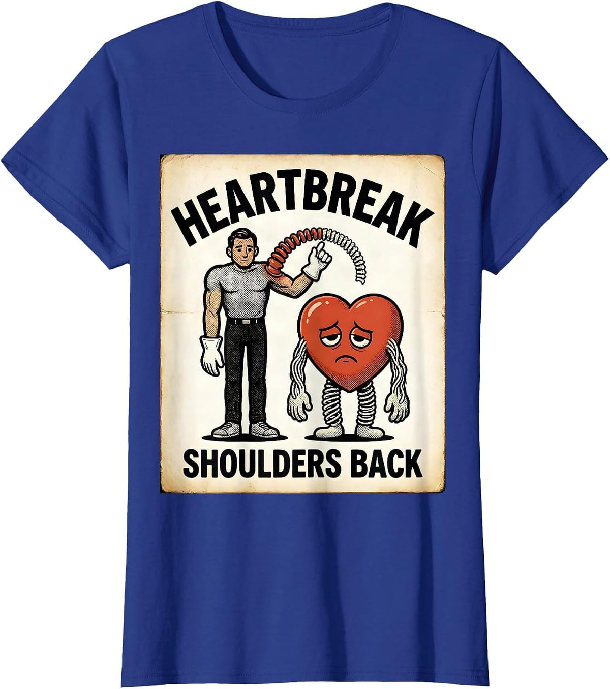 Women's Heartbreak Shoulders Back Retro Cartoon Physical Therapist T-Shirt - Royal Blue