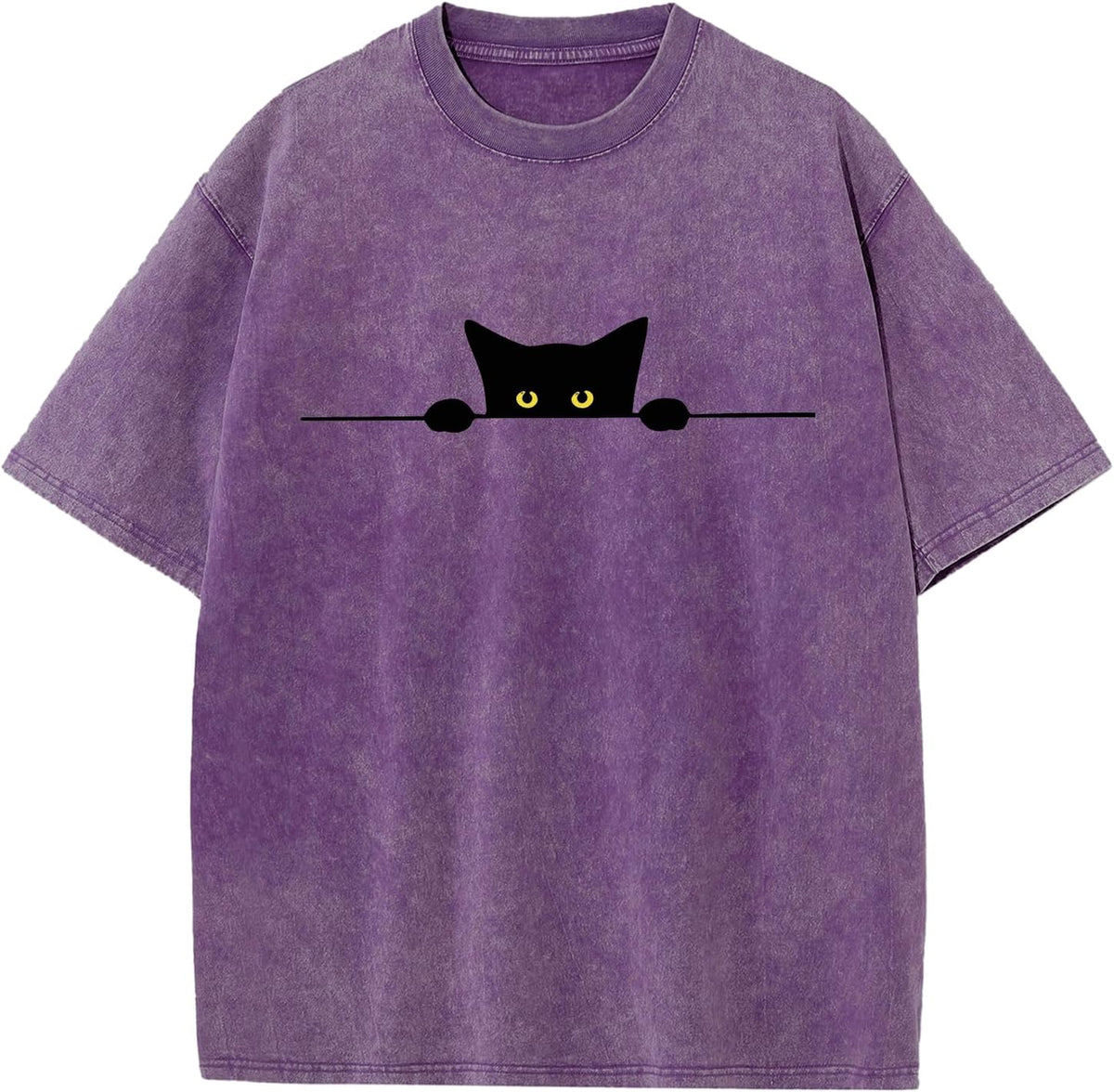 Ultra-Soft Unisex Cotton T-Shirt Playful Black Cat Peeking Graphic Garment Washed Premium Tee with Fashion Fit - Purple