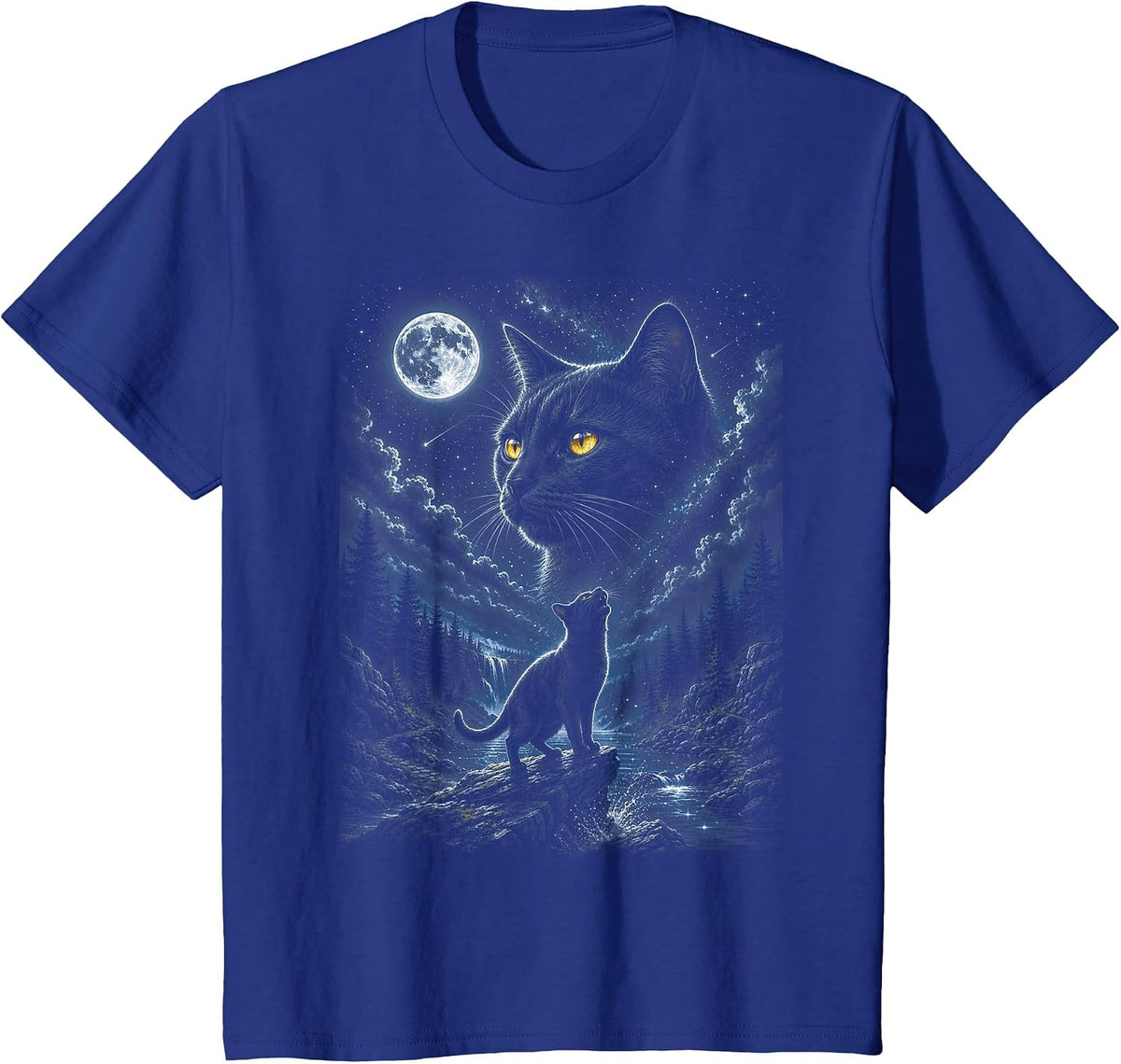 Black Cat Howling at Moon 90's Retro Nature Forest Cat Lover T-Shirt - Royal Blue