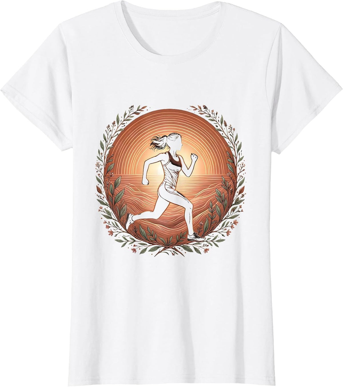 Women's Runner Silhouette Sunrise Burst Athleisure Design T-Shirt - White