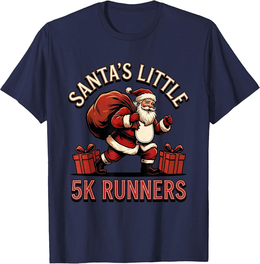 Santa's Little 5K Runners Funny Christmas Run Team Squad T-Shirt - Navy Blue