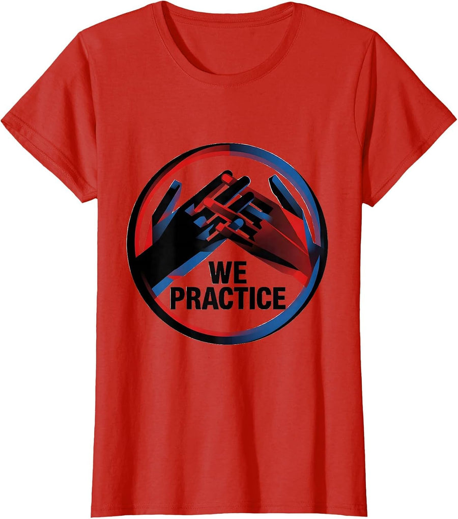 Women's We Practice Bauhaus Modernist ASL Teacher Sign Language T-Shirt - Red