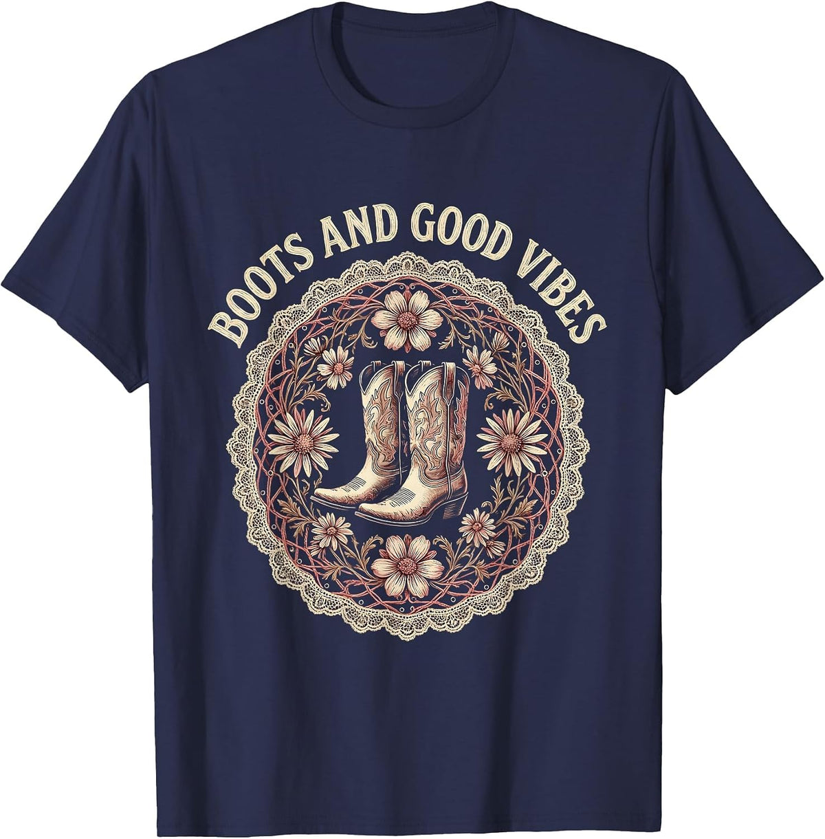 Boots and Good Vibes Country Music Design T-Shirt - Navy Blue