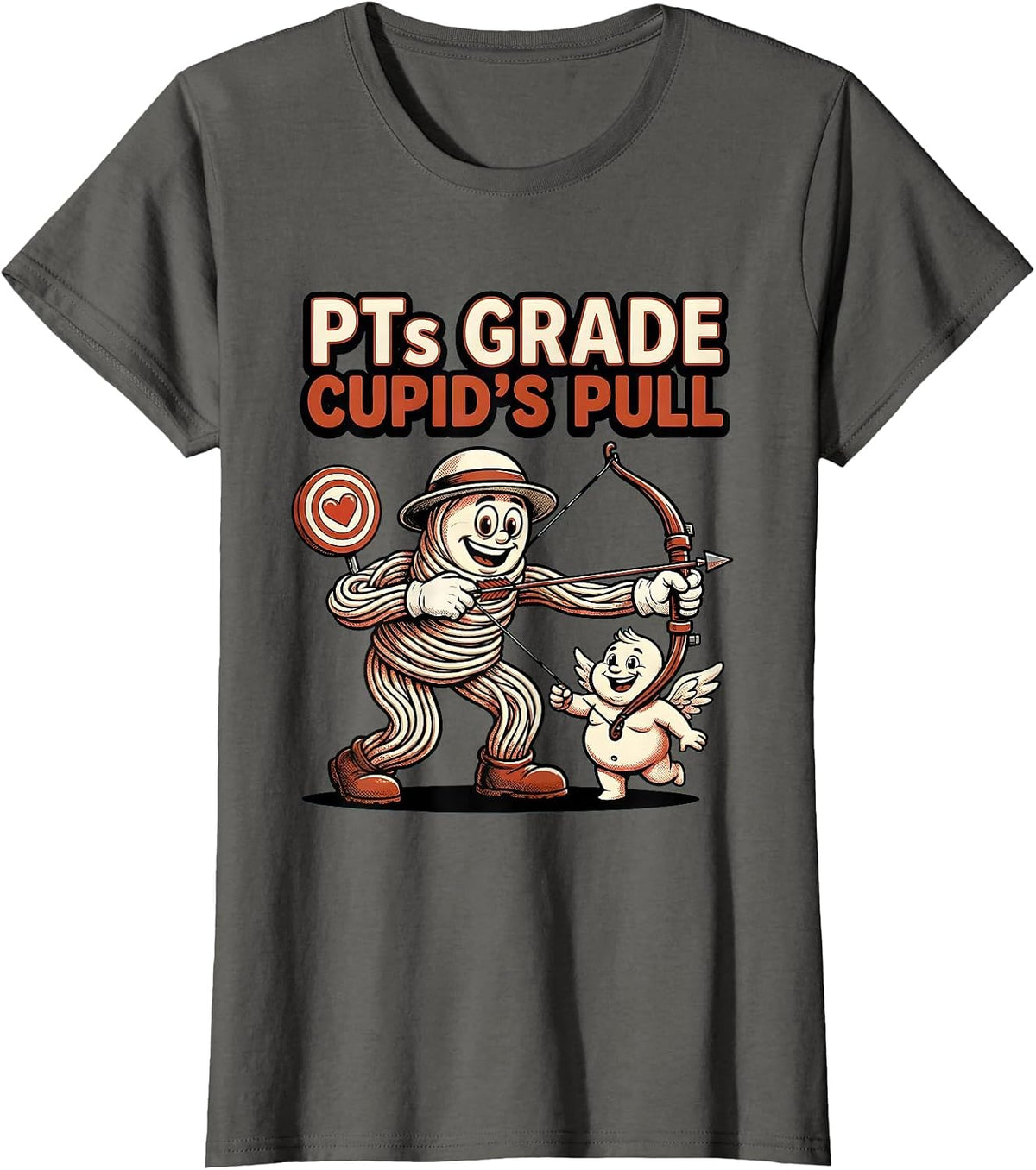 Women's PTs Grade Cupid's Pull Retro Cartoon Physical Therapist T-Shirt - Asphalt Grey
