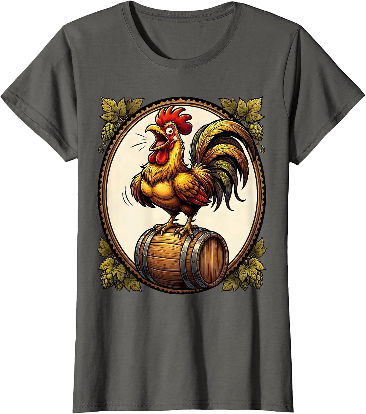 Women's Rooster on a Beer Keg Graphic Design T-Shirt - Asphalt Grey